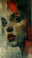 Wall Mural - Abstract Portrait of a Woman with Red Lips and Geometric Shapes