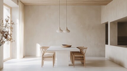 Aufkleber - A modern dining area features a light-colored table with wooden chairs, illuminated by natural light streaming through large windows. Simple decor enhances the spacious, airy feel of the room.