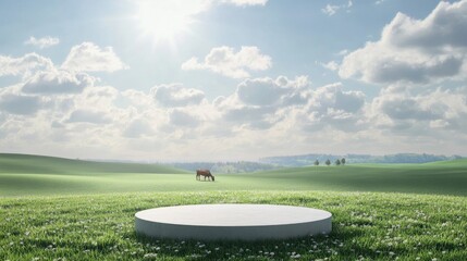 Canvas Print - An empty podium with a green farm in the background, featuring a cow grazing, ideal for showcasing farm-related