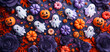 © Yulia - Whimsical Halloween backdrop unfolds, showcasing charming ghosts and playful pumpkins crafted to resemble sculpted clay, surrounded by colorful autumn foliage and purple roses