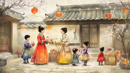 traditional Korean lunar new year celebration Seollal background eating and exchanging gifts in hanok