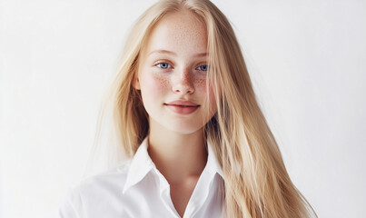 portrait of elegant pretty young blond woman in white clothes blouse smiling posing on white background, pretty cute candid beauty portrait, natural look, long hair