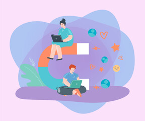 Wall Mural - content creators with laptops and magnet attracting followers. freelance workers using marketing str