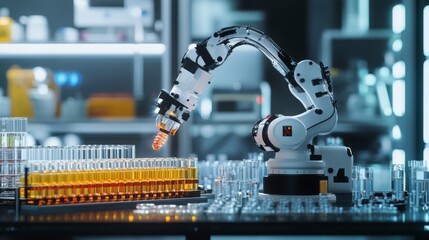 Poster - A robotic arm operates in a state-of-the-art laboratory, carefully transferring liquids between multiple test tubes