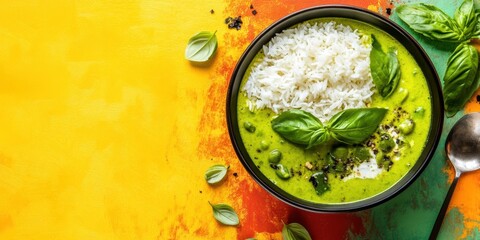 Vibrant Thai Green Curry Served with Jasmine Rice and Fresh Basil on a Colorful Table