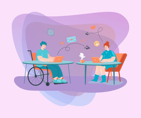 Wall Mural - man in wheelchair and woman sending messages via laptop. guy with disability talking to girl flat ve