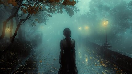 Canvas Print - Woman Walking Through Foggy Street at Night