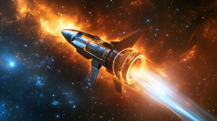 Aufkleber - A sleek rocket accelerates through a colorful expanse of space, surrounded by swirling cosmic gases and stars. Bright flames propel from its engines, illuminating the dark void around.