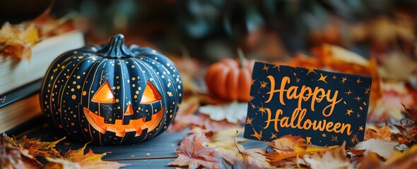 Happy Halloween lettering text in background with scary smiling face pumpkins jack o lantern and autumn fall leaves, template for celebration event or party banner, poster, invitation, greeting card