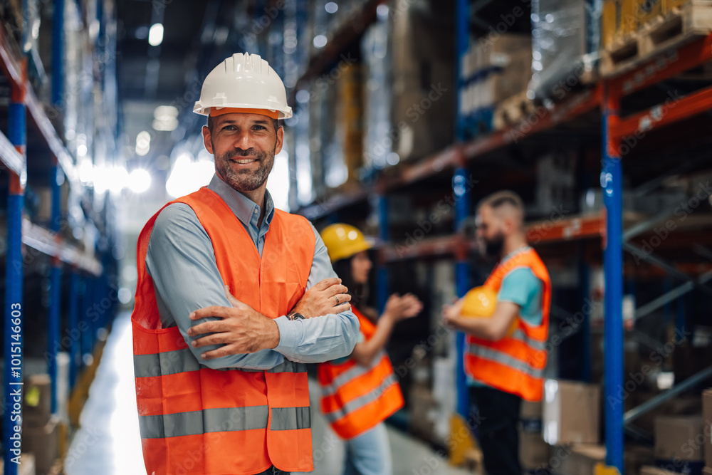 Warehouse manager smiling with crossed arms in busy warehouse Stock ...