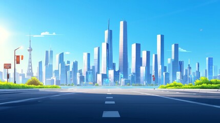 Wall Mural - ultrasharp cartoon photography of a beautiful modern city with modern skyscraper in the background, and with an asphalt street in front, sun is shining, blue heaven without clouds, 