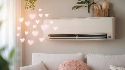 A romantic living room with an air conditioner blowing refreshing pink heart streams, celebrating Valentine's Day with a unique, fun twist.