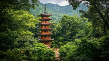 Wall Mural - A scenic view of the five-story pagoda at Ruriko-ji Temple in Yamaguchi, surrounded by lush greenery.