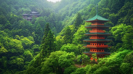 Wall Mural - A scenic view of the five-story pagoda at Ruriko-ji Temple in Yamaguchi, surrounded by lush greenery.