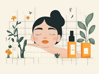 Wall Mural - Minimalistic Retro Illustration of Organic Skincare Boutique with Playful Colour Palette and Personalized Beauty Consultations