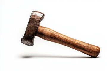 Hammer with a wooden handle on a white isolated background.