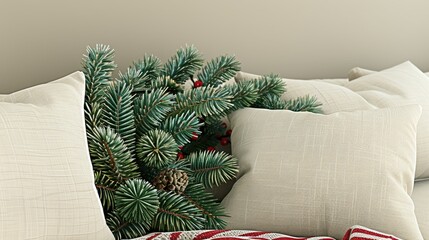 Poster - A downward-facing view shows a linen pillow with green pine branches 