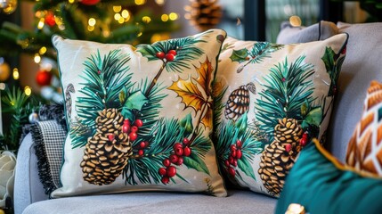 Poster - Separate linen pillow cover with pine tree and cone