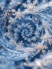 Poster - Intricate snowflakes spin and swirl gracefully, forming an enchanting pattern against a rich blue background, evoking winter's magic. Generative AI