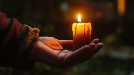 A hand holds a burning candle with a dark background.