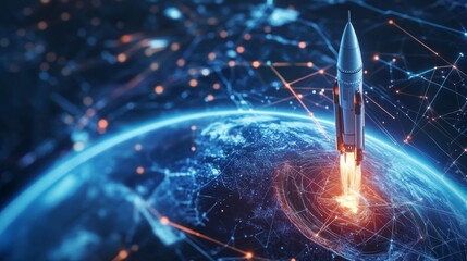 Aufkleber - A rocket ascends from the surface of the Earth, emitting bright flames as it pierces the atmosphere