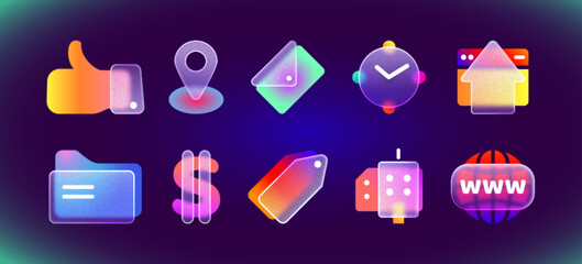 Realistic modern ui icons in glassmorphism style. 3d frosted social media icon set of map location, folder, price tag, clock and homepage for website or mobile app on blurred neon gradient background