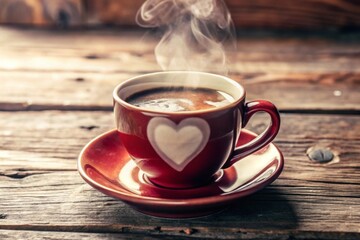 A warm cup of coffee with steam forming a heart shape on a rustic wooden table