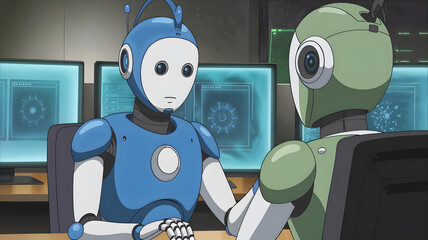 Two humanoid robots, one blue and one green, sitting at a desk with computer screens displaying digital interfaces in the background.