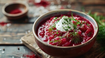 Bowl of Red Beet Soup with Sour Cream and Herbs