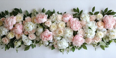 Wall Mural - A horizontal arrangement of pink and white flowers with greenery on a textured white background.