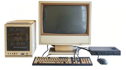 Vintage Beige Desktop Computer with CRT Monitor, Keyboard, and Mouse
