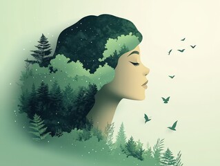 Wall Mural - Tranquil Double Exposure: Minimalist Anime Vector Illustration of Pensive Woman and Green Forest in Adobe Illustrator Style