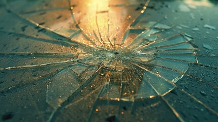 Wall Mural - Shattered Glass with Golden Reflections and Water Droplets