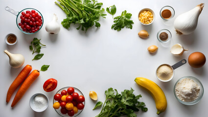 Fresh ingredients including tomatoes, garlic, and herbs are beautifully arranged on table, creating vibrant and inviting cooking scene