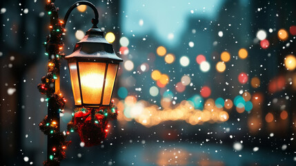 a charming street lamp adorned with festive decorations glows warmly amidst falling snowflakes, crea