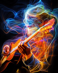 Guitarist in a Blaze of Color:  An abstract image of a musician playing a guitar, engulfed in a swirling kaleidoscope of vibrant smoke, evokes passion and energy.  