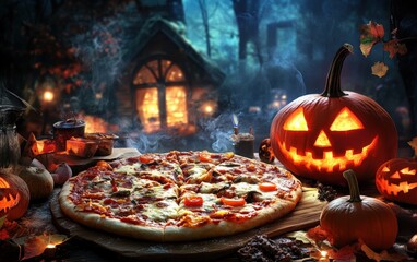 Pizza halloween on house background