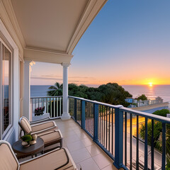 cozy terrace and villa exterior with seascape and sunset