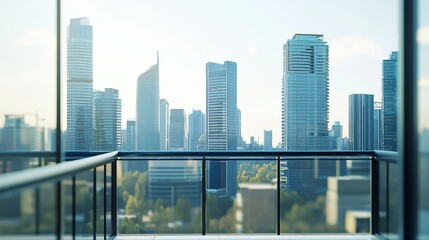 Wall Mural - POV front view, POV of a office balcony, skyline in the background, office balcony in the front, skyline view, photography, view from front, balcony, reslistic, high resolution, outside, office balcon