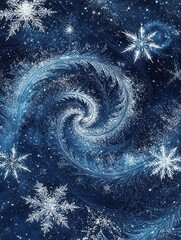 Delicate white snowflakes spiral against a deep blue background, creating a mesmerizing winter-themed design filled with intricate details. Generative AI