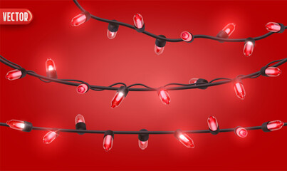 Wall Mural - festive christmas red string lights brightly glowing. realistic 3d new year decorations garland isol