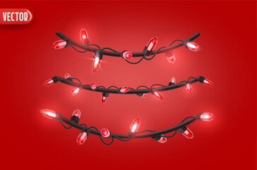 Wall Mural - festive christmas red string lights brightly glowing. realistic 3d new year decorations garland isol