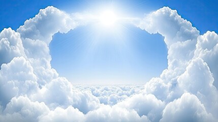 Wall Mural - fluffy clouds surround a clear blue sky, creating a soft, natural frame with an open space in the ce
