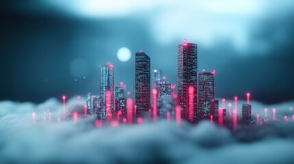 Sticker - A futuristic cityscape with glowing skyscrapers and holographic displays, showcasing the impact of technology on modern life.