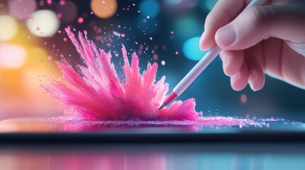 Canvas Print - Close up of a digital artist hand using a stylus on a tablet, creating vibrant vector illustrations.