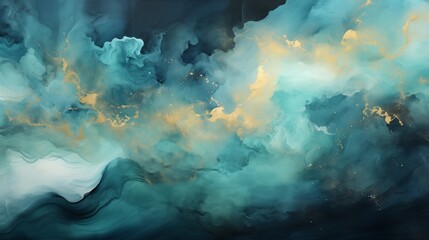 Wall Mural - abstract watercolor paint background by teal color blue and green and glistering gold with liquid fl