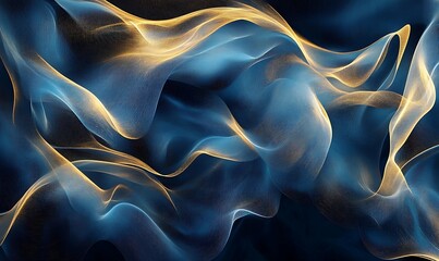 Abstract background with blue and gold flowing lines on black backdrop.