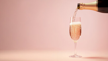 Wall Mural - Bottle of champagne pouring into a glass with bubbles on a pink background. Celebration and luxury beverage concept.