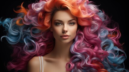 Beautiful woman with colorful hair and makeup. Beautiful face.