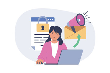 Aufkleber - Marketing and development concept in modern flat design for web. Woman doing promo emails with business announcement for clients, makes advertising strategy for project at agency. Vector illustration.
